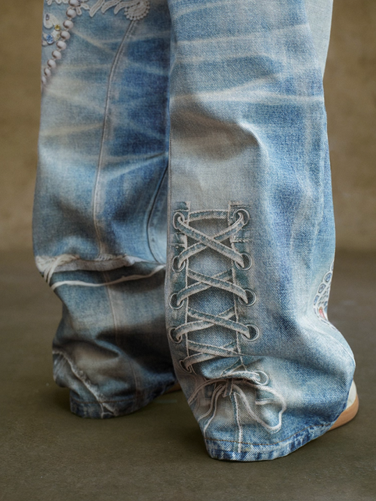 YADcrew Lace Color Bead Chain Photorealistic Print Jeans | Face 3 Face
