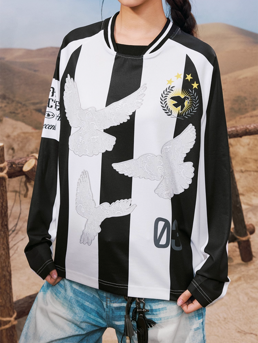 YADcrew Lace Peace Dove Striped Long Sleeve Soccer Jersey | Face 3 Face