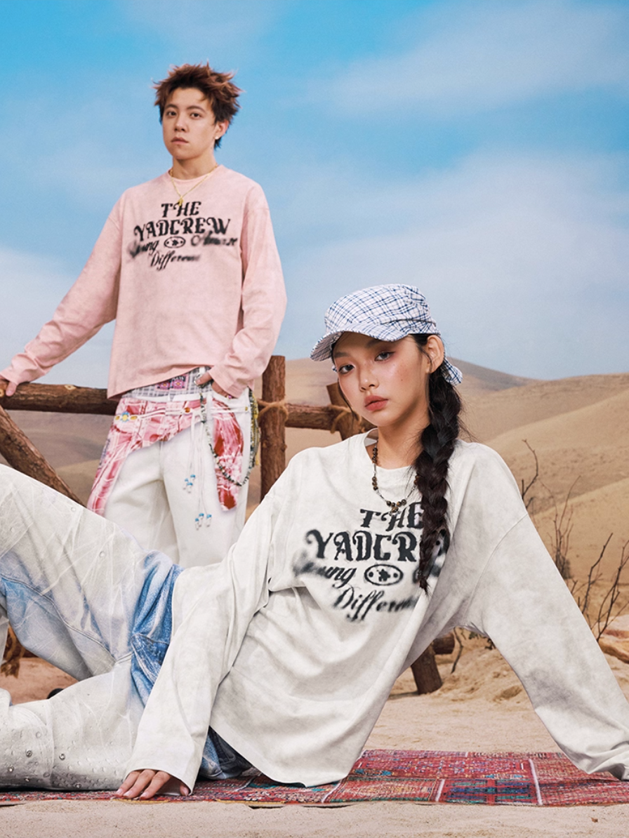 YADcrew Washed Ink Dyed Print Long Sleeve Tee | Face 3 Face