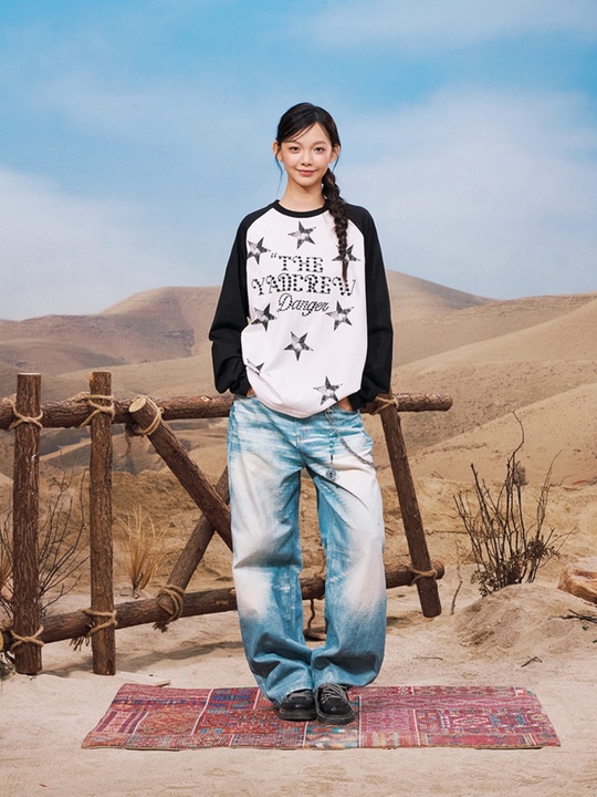 YADcrew Star Logo Print Raglan Long Sleeve Tee | Face 3 Face