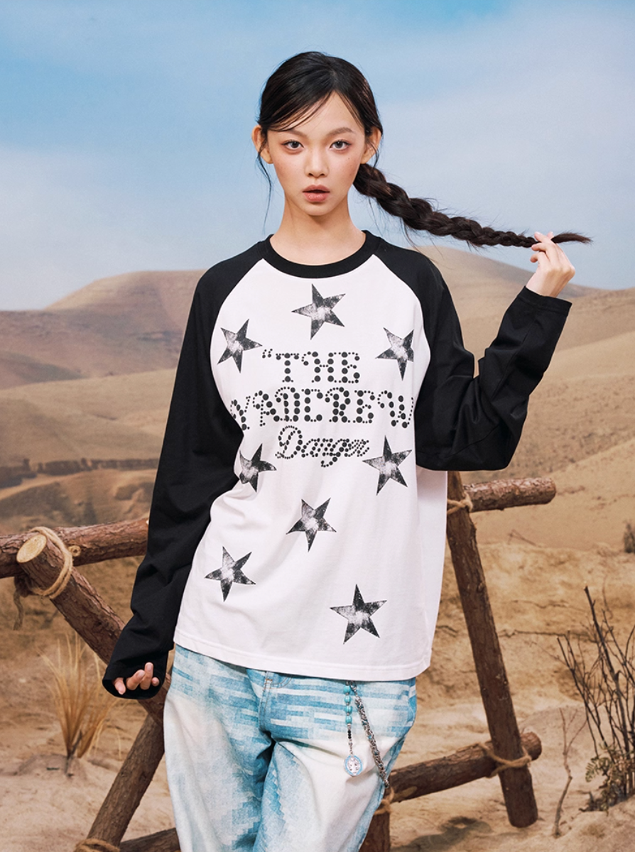 YADcrew Star Logo Print Raglan Long Sleeve Tee | Face 3 Face