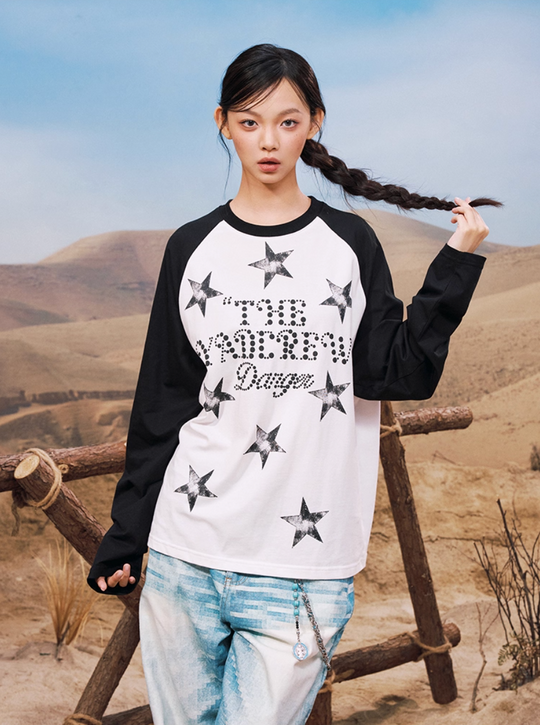 YADcrew Star Logo Print Raglan Long Sleeve Tee | Face 3 Face