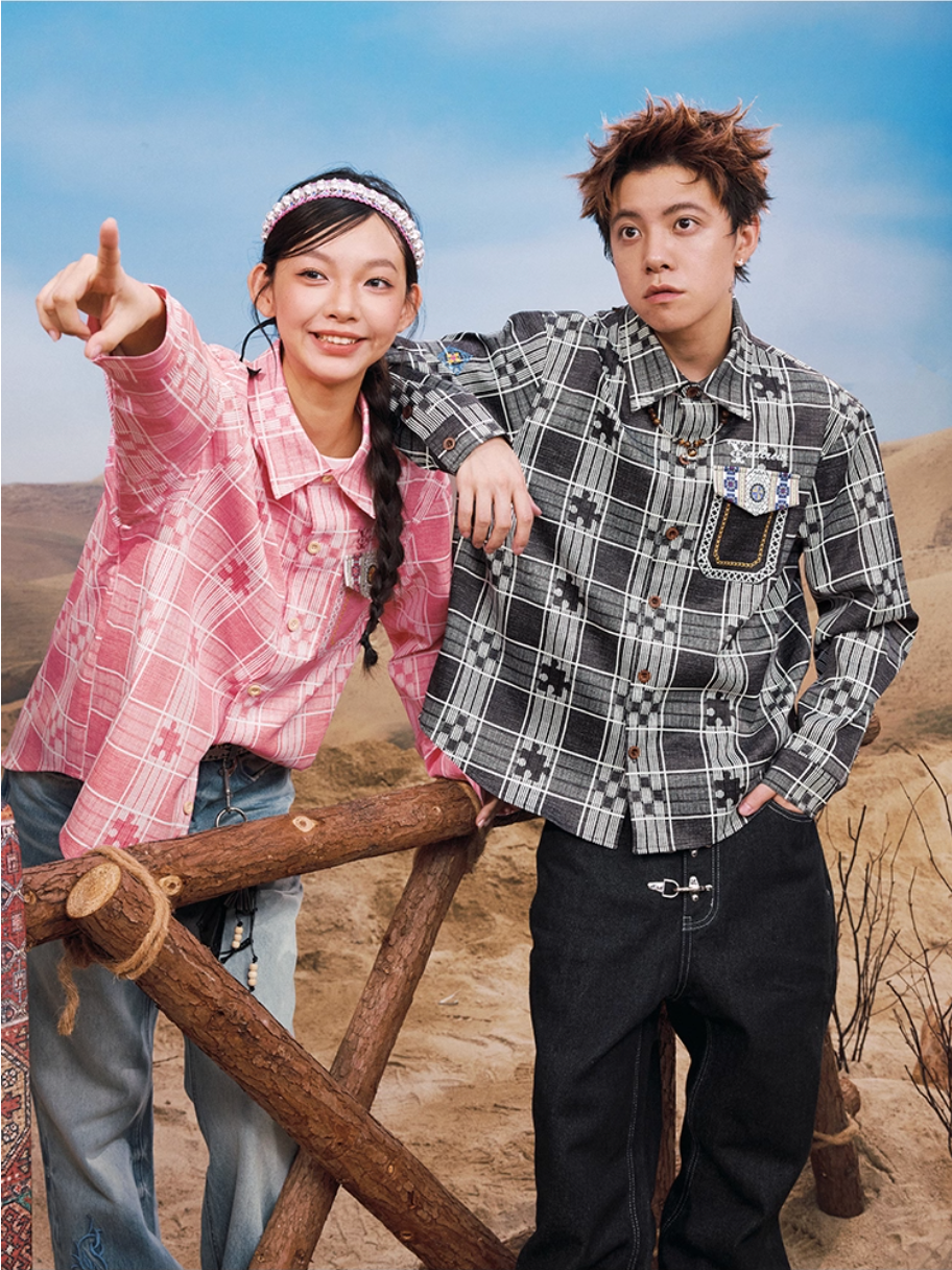 YADcrew Ethnic Pattern Plaid Long Sleeve Shirt | Face 3 Face