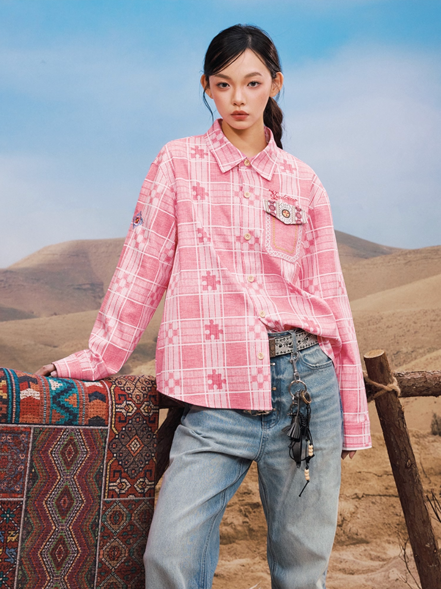 YADcrew Ethnic Pattern Plaid Long Sleeve Shirt | Face 3 Face