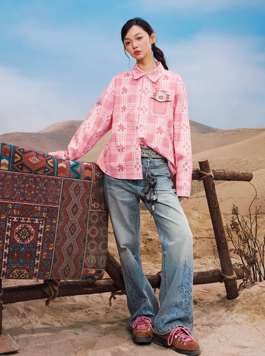 YADcrew Ethnic Pattern Plaid Long Sleeve Shirt | Face 3 Face