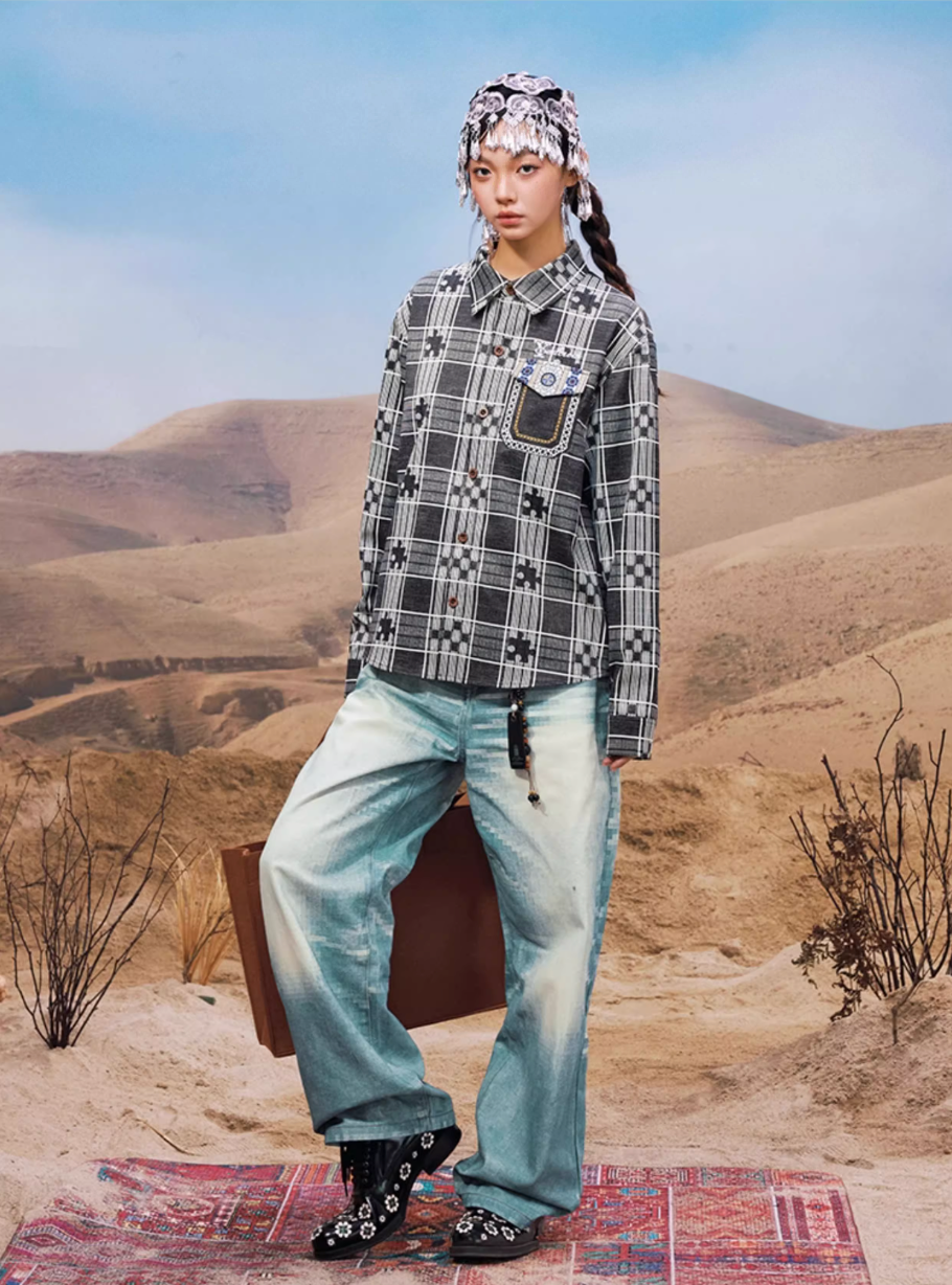 YADcrew Ethnic Pattern Plaid Long Sleeve Shirt | Face 3 Face