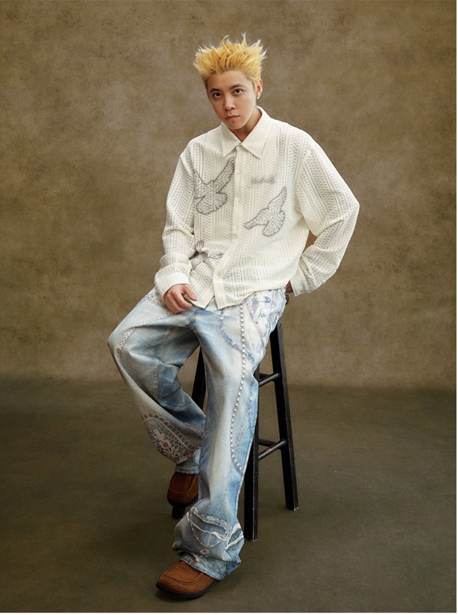 YADcrew Peace Dove Hollow Mesh Long Sleeve Shirt | Face 3 Face