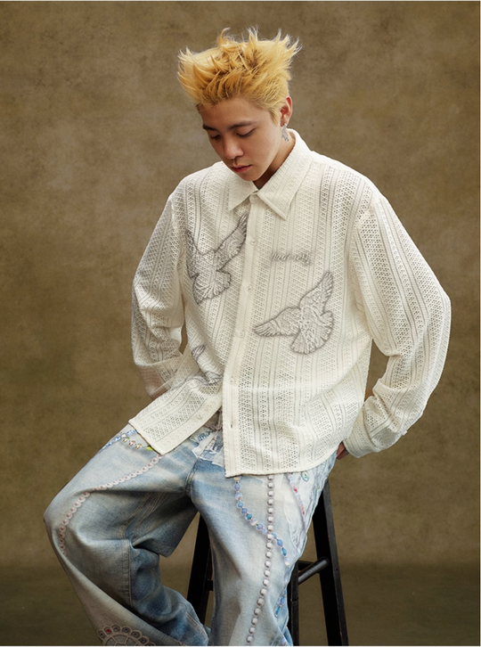 YADcrew Peace Dove Hollow Mesh Long Sleeve Shirt | Face 3 Face
