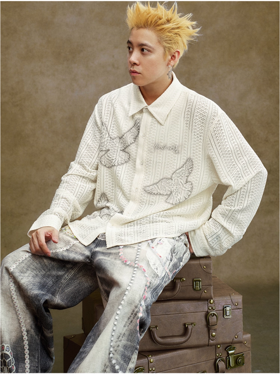 YADcrew Peace Dove Hollow Mesh Long Sleeve Shirt | Face 3 Face