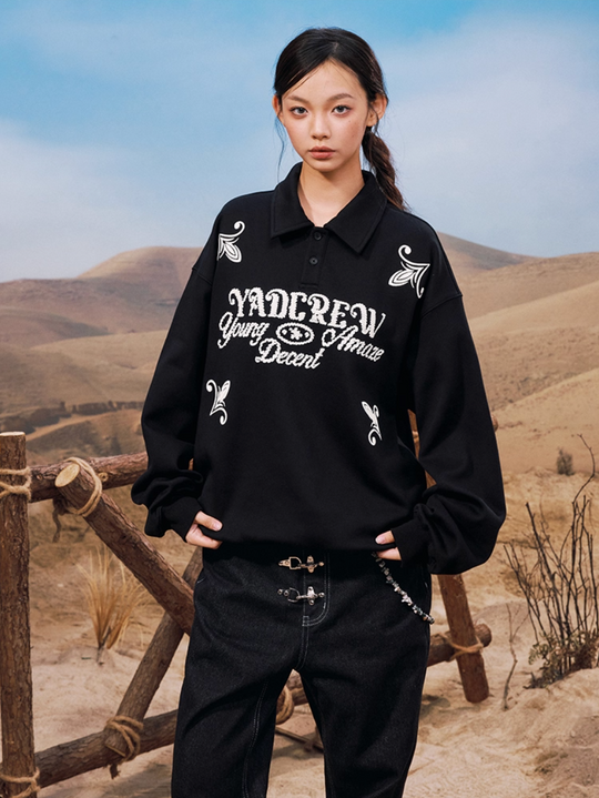 YADcrew Rope Knot Foam Print Embroidered Polo Sweatshirt | Face 3 Face