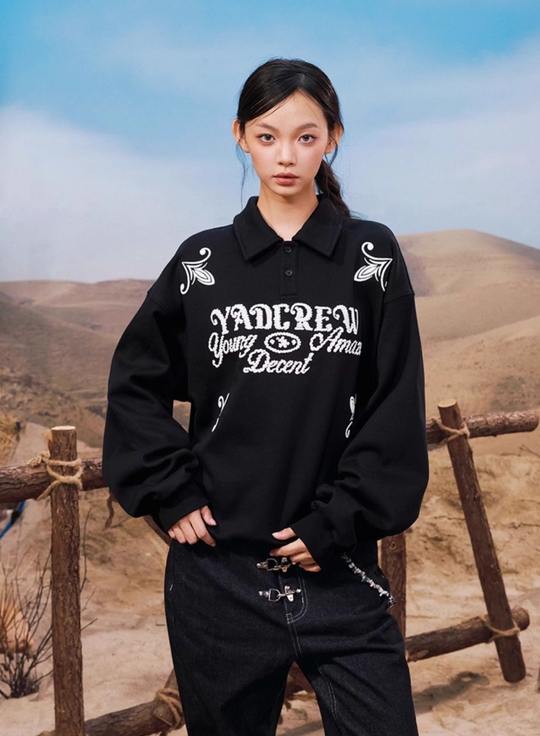 YADcrew Rope Knot Foam Print Embroidered Polo Sweatshirt | Face 3 Face