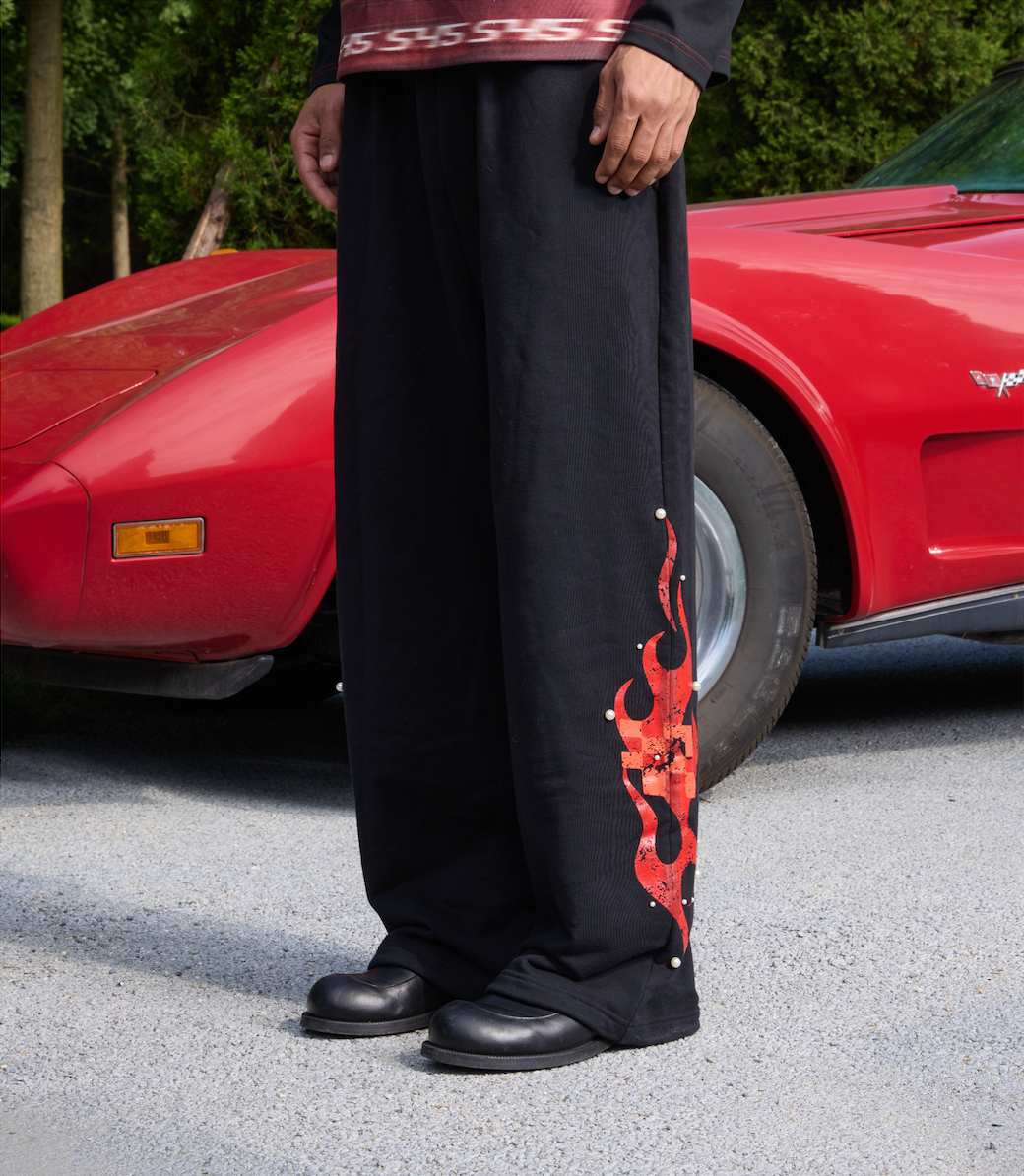 S45 Flame Print Pearl Baggy Sweatpants | Face 3 Face