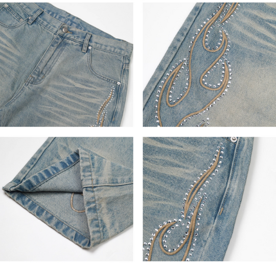 S45 Flame Sequined Embroidery Washed Jeans | Face 3 Face