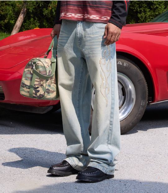 S45 Flame Sequined Embroidery Washed Jeans | Face 3 Face