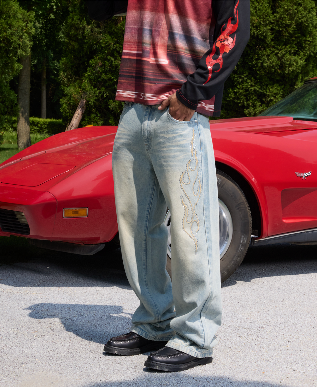 S45 Flame Sequined Embroidery Washed Jeans | Face 3 Face