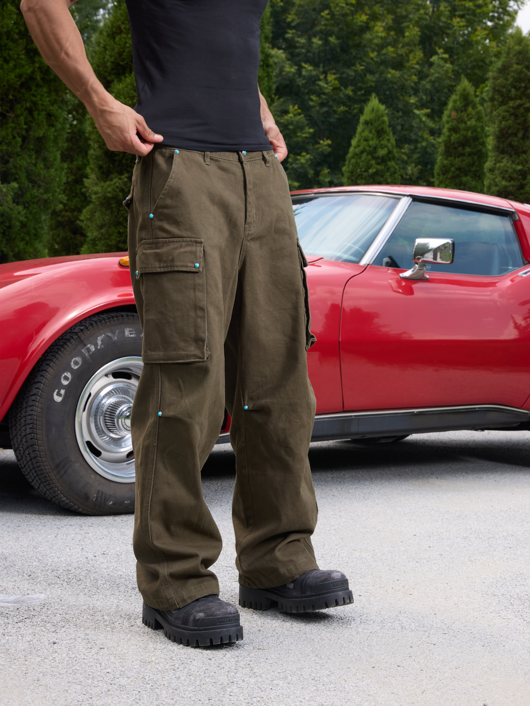 S45 Turquoise Studded Multi Pocket Work Pants | Face 3 Face