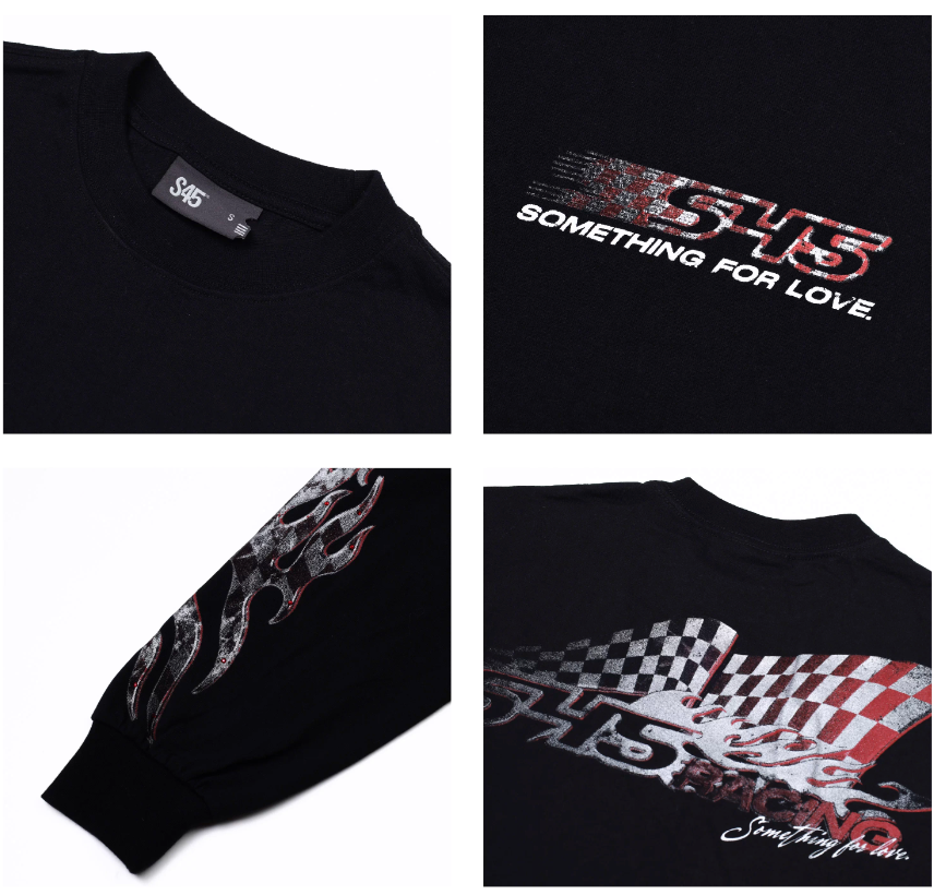 S45 Checkered Flag Flame Print Long Sleeve Tee | Face 3 Face