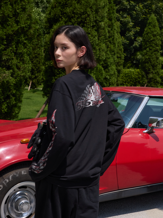 S45 Checkered Flag Flame Print Long Sleeve Tee | Face 3 Face