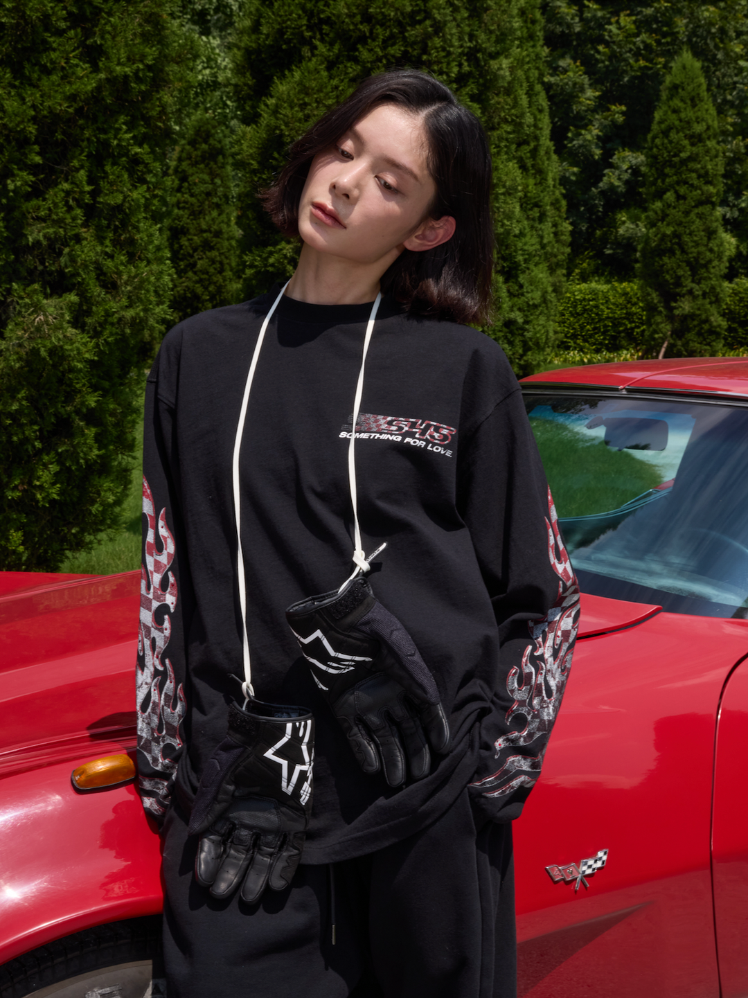 S45 Checkered Flag Flame Print Long Sleeve Tee | Face 3 Face