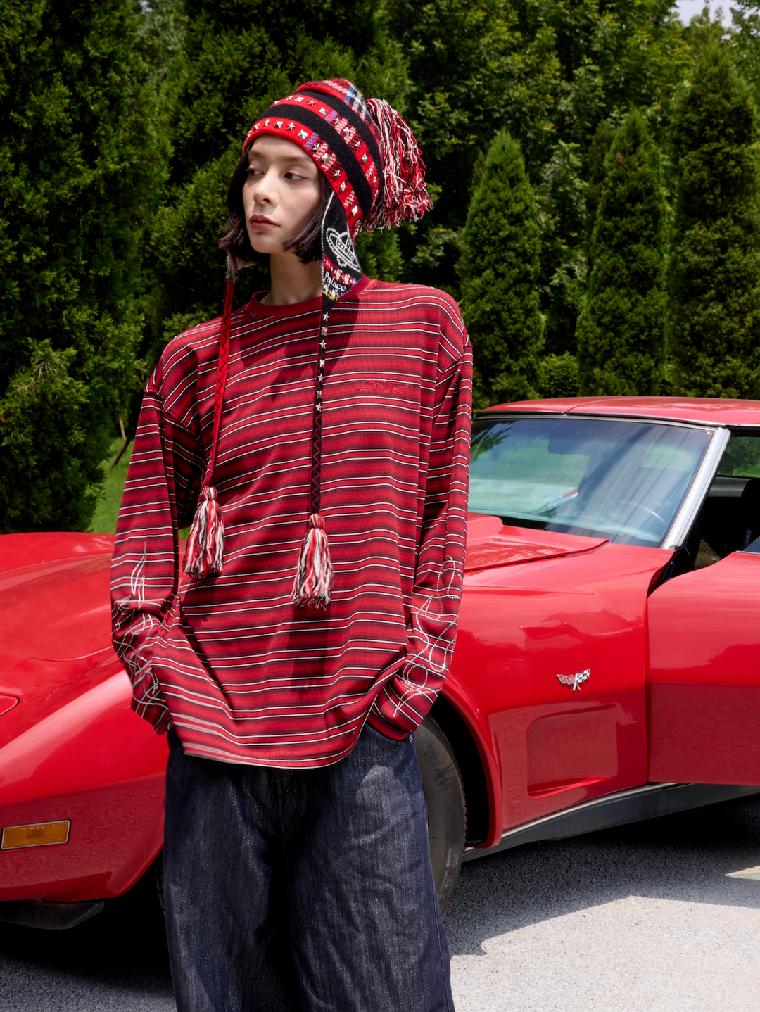 S45 Rhinestone Flame Stripe Long Sleeve Tee | Face 3 Face