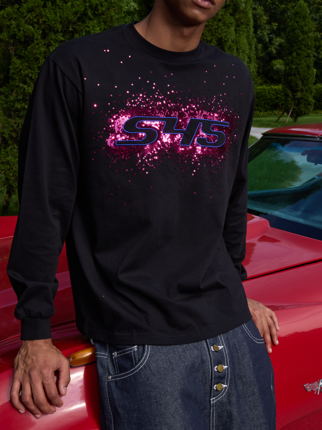 S45 Sequined Embroidered Logo Long Sleeve Tee | Face 3 Face