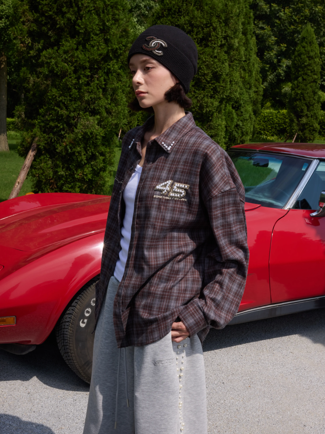 S45 Pearl Lapel Logo Plaid Long Sleeve Shirt | Face 3 Face