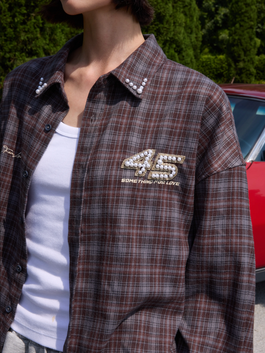 S45 Pearl Lapel Logo Plaid Long Sleeve Shirt | Face 3 Face