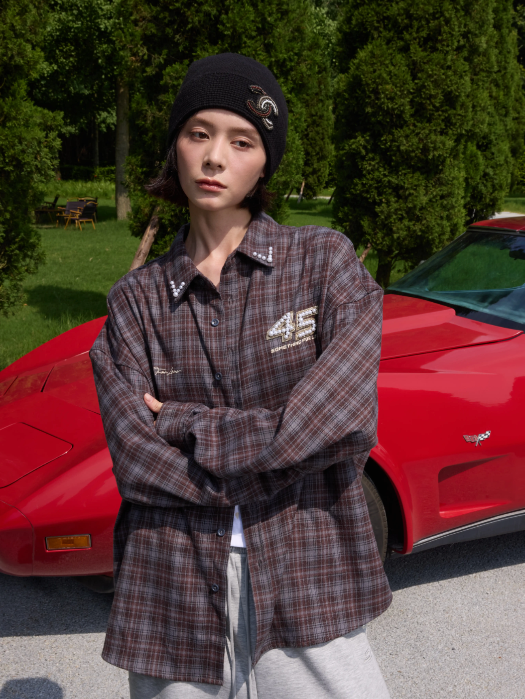 S45 Pearl Lapel Logo Plaid Long Sleeve Shirt | Face 3 Face