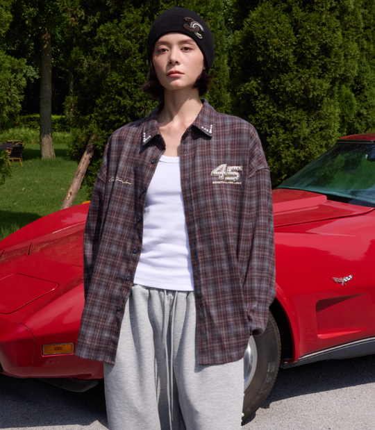 S45 Pearl Lapel Logo Plaid Long Sleeve Shirt | Face 3 Face