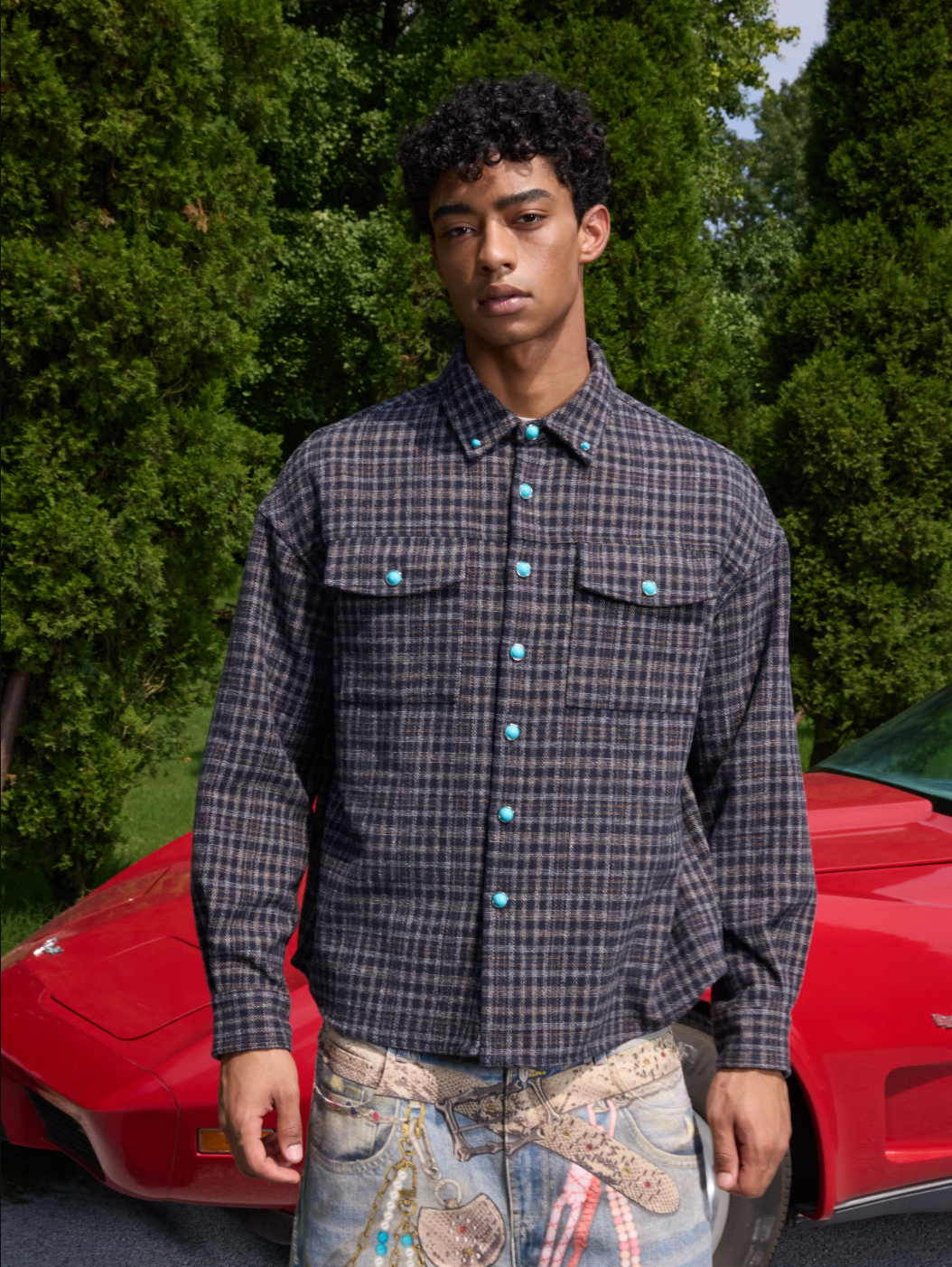 S45 Turquoise Button Plaid Long Sleeve Shirt | Face 3 Face