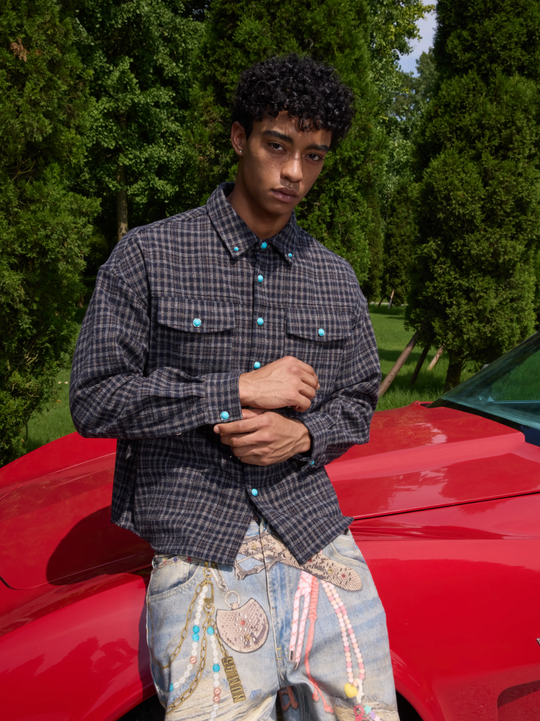 S45 Turquoise Button Plaid Long Sleeve Shirt | Face 3 Face