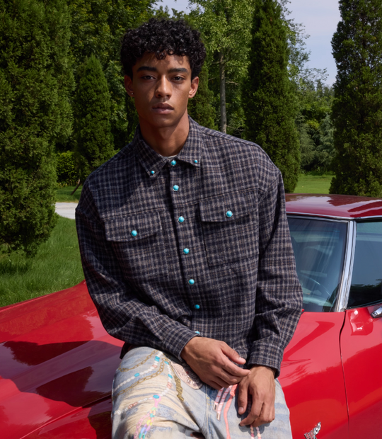 S45 Turquoise Button Plaid Long Sleeve Shirt | Face 3 Face