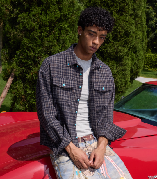 S45 Turquoise Button Plaid Long Sleeve Shirt | Face 3 Face