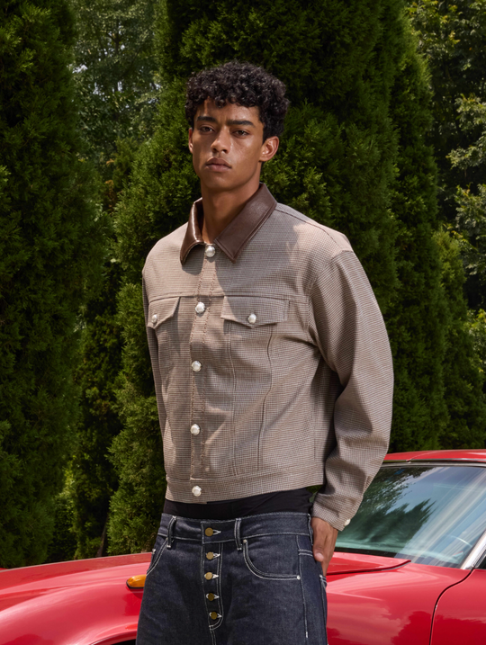 S45 Plaid Pearl Button Leather Lapel Short Jacket | Face 3 Face