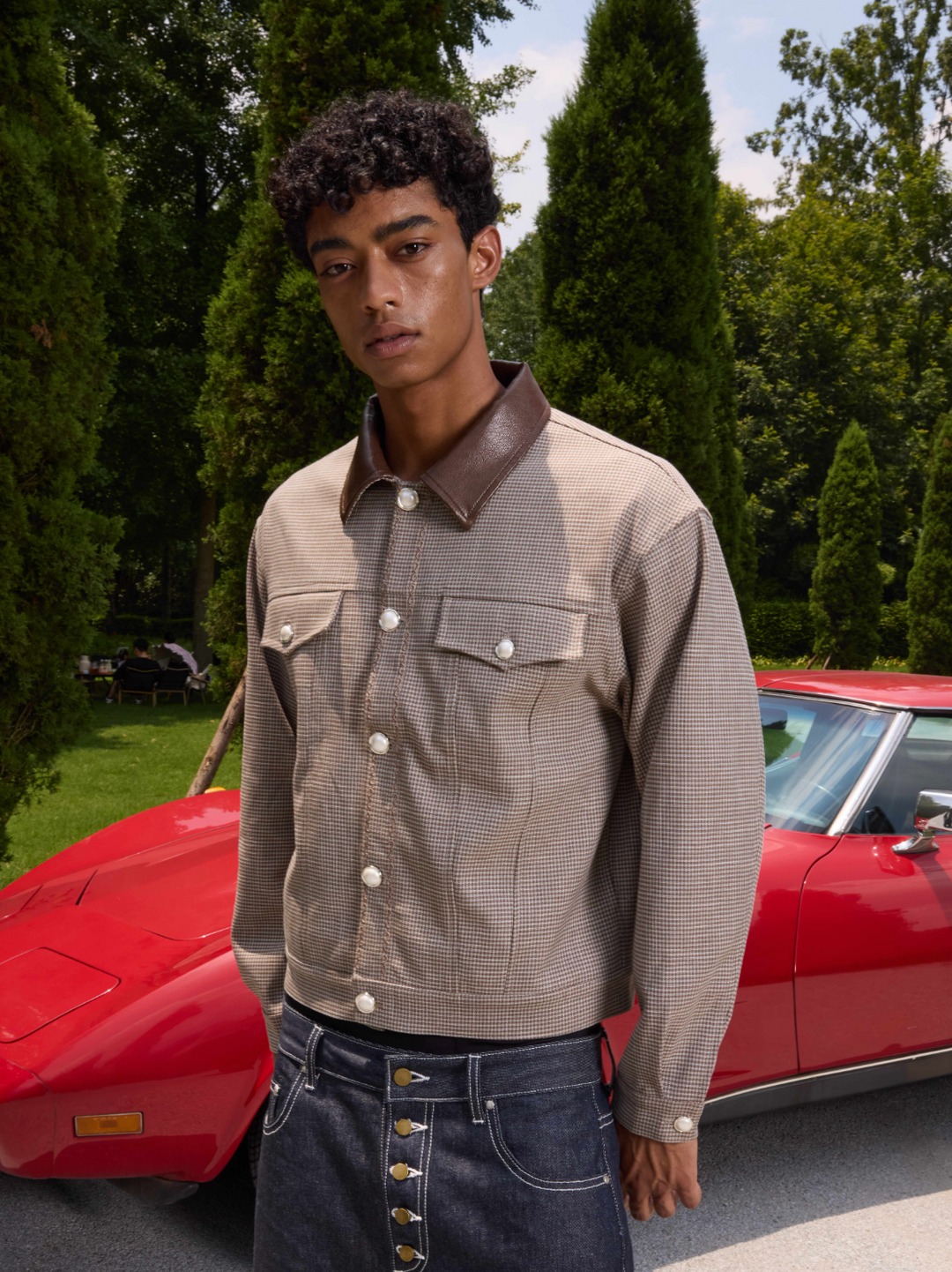 S45 Plaid Pearl Button Leather Lapel Short Jacket | Face 3 Face