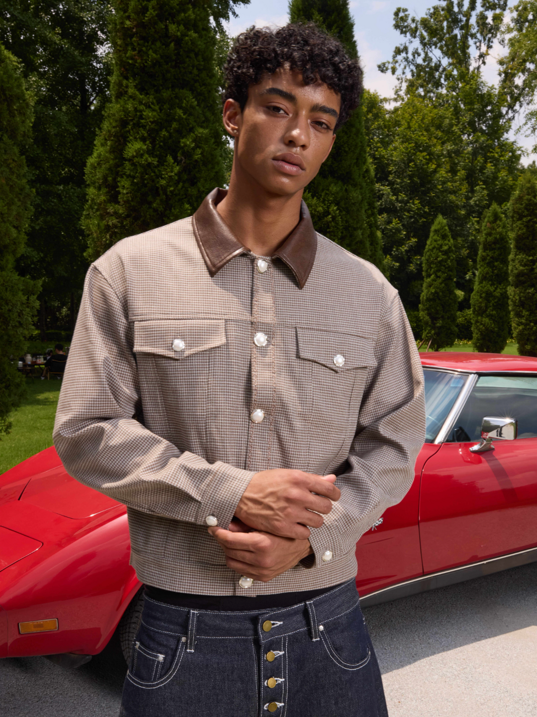 S45 Plaid Pearl Button Leather Lapel Short Jacket | Face 3 Face