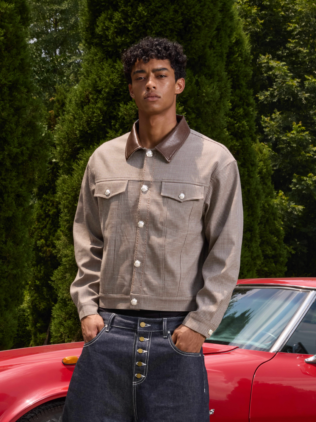 S45 Plaid Pearl Button Leather Lapel Short Jacket | Face 3 Face