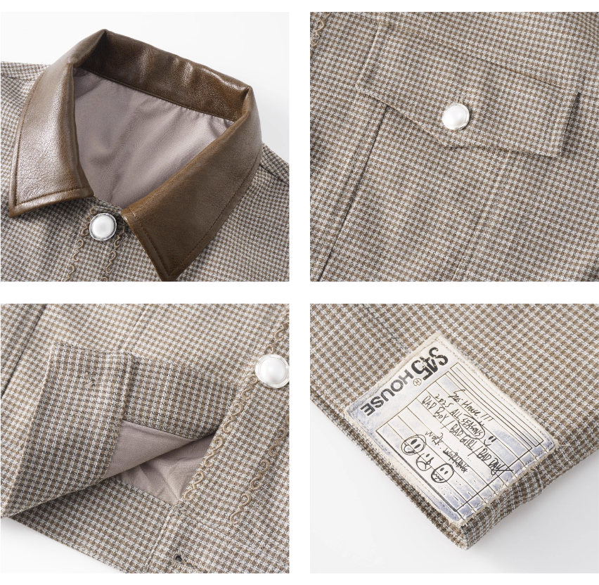 S45 Plaid Pearl Button Leather Lapel Short Jacket | Face 3 Face