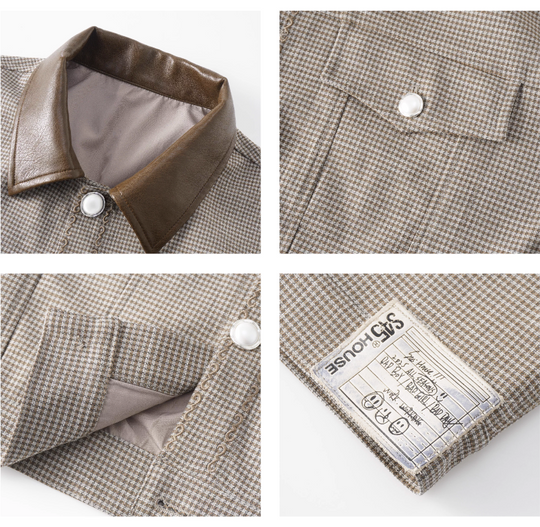 S45 Plaid Pearl Button Leather Lapel Short Jacket | Face 3 Face