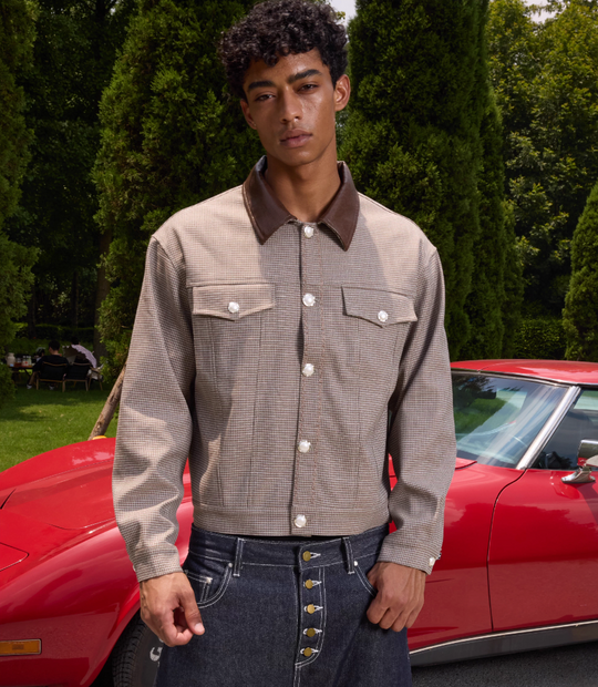 S45 Plaid Pearl Button Leather Lapel Short Jacket | Face 3 Face