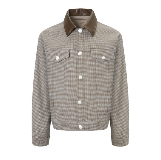 S45 Plaid Pearl Button Leather Lapel Short Jacket | Face 3 Face