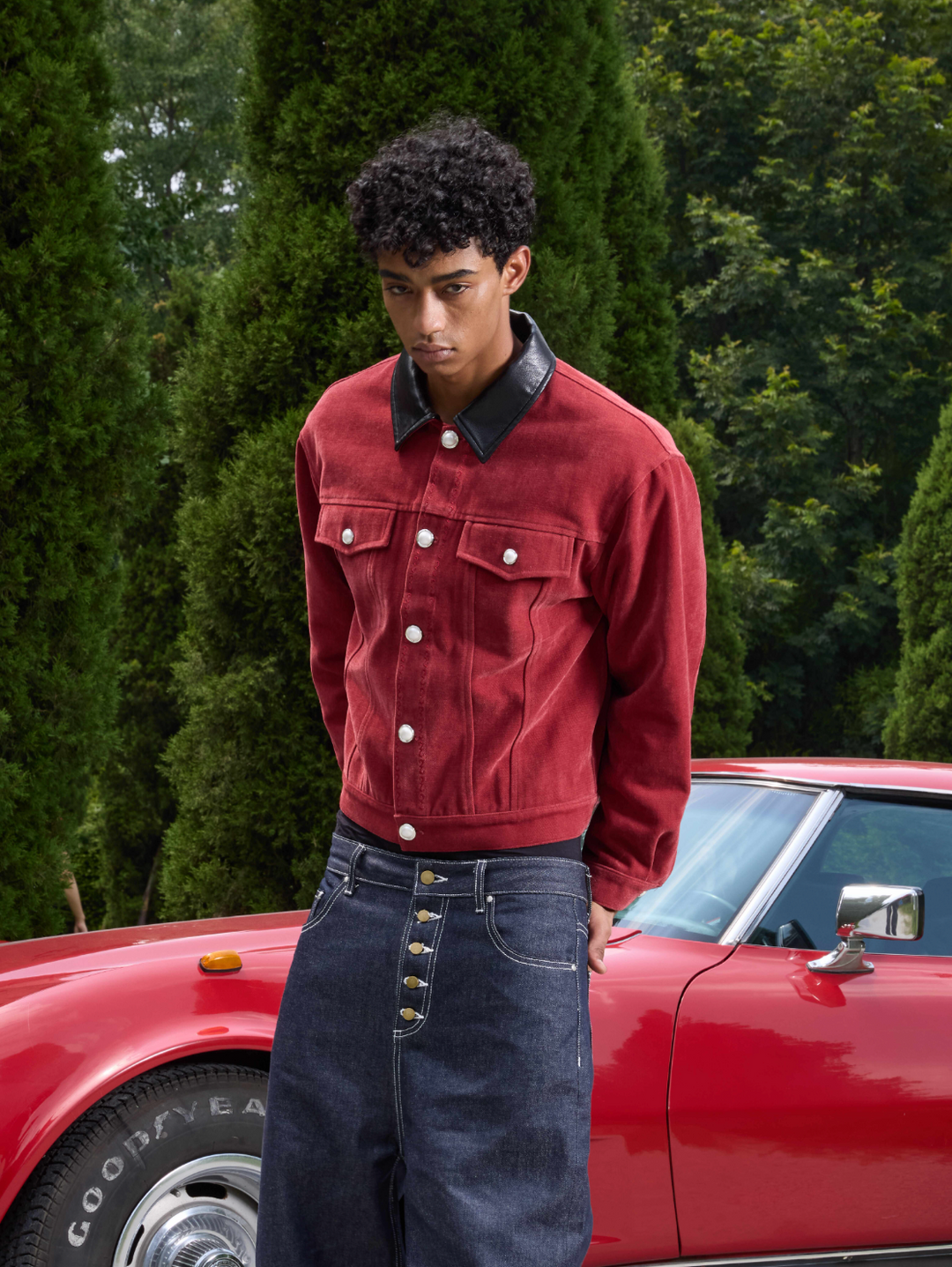 S45 Flocking Denim Pearl Button Leather Lapel Short Jacket | Face 3 Face