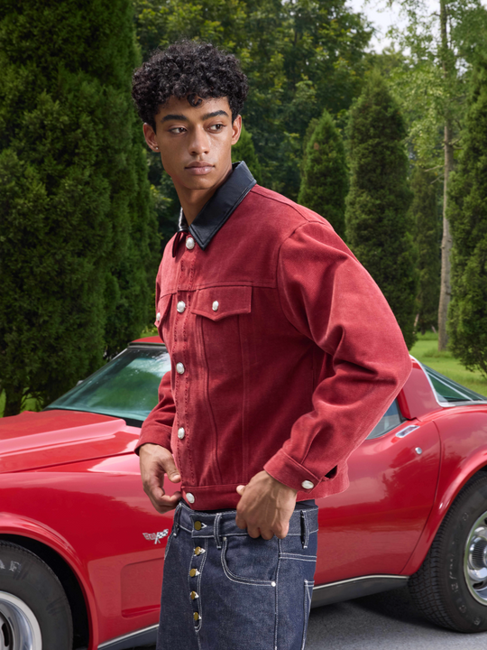 S45 Flocking Denim Pearl Button Leather Lapel Short Jacket | Face 3 Face