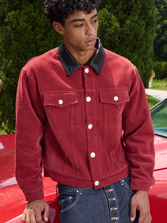 S45 Flocking Denim Pearl Button Leather Lapel Short Jacket | Face 3 Face