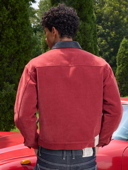 S45 Flocking Denim Pearl Button Leather Lapel Short Jacket | Face 3 Face