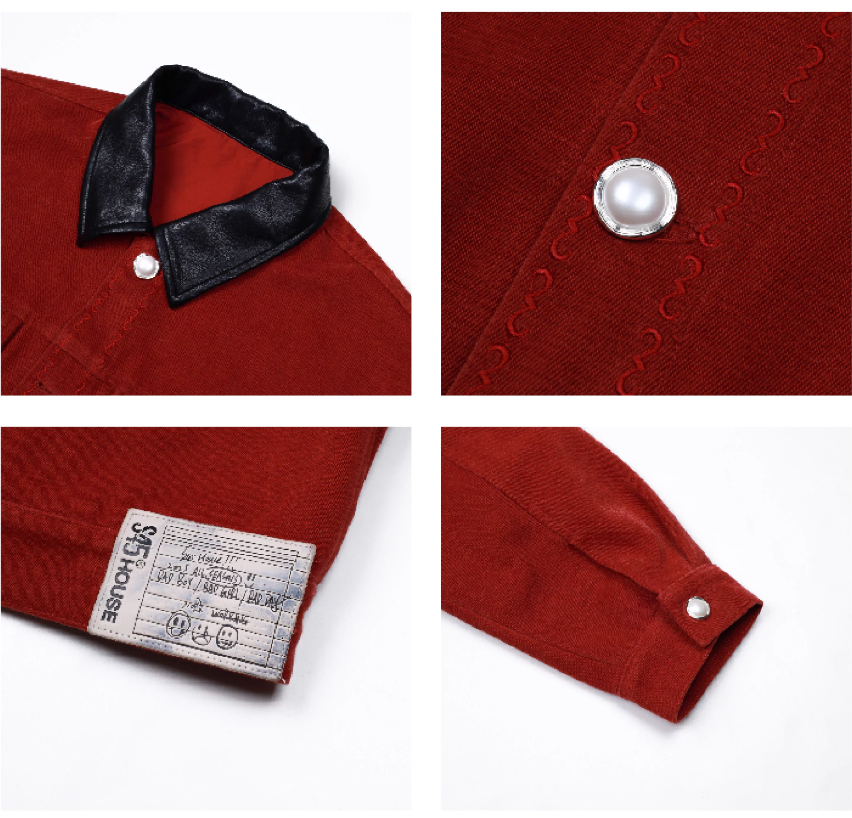 S45 Flocking Denim Pearl Button Leather Lapel Short Jacket | Face 3 Face