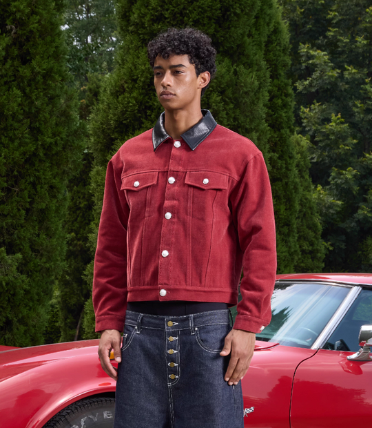 S45 Flocking Denim Pearl Button Leather Lapel Short Jacket | Face 3 Face