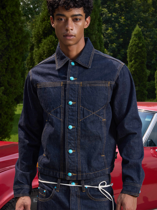 S45 Turquoise Button Denim Jacket | Face 3 Face