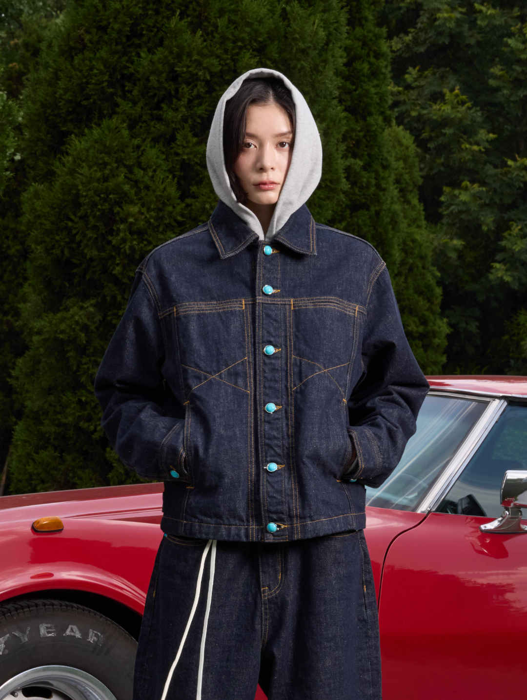 S45 Turquoise Button Denim Jacket | Face 3 Face