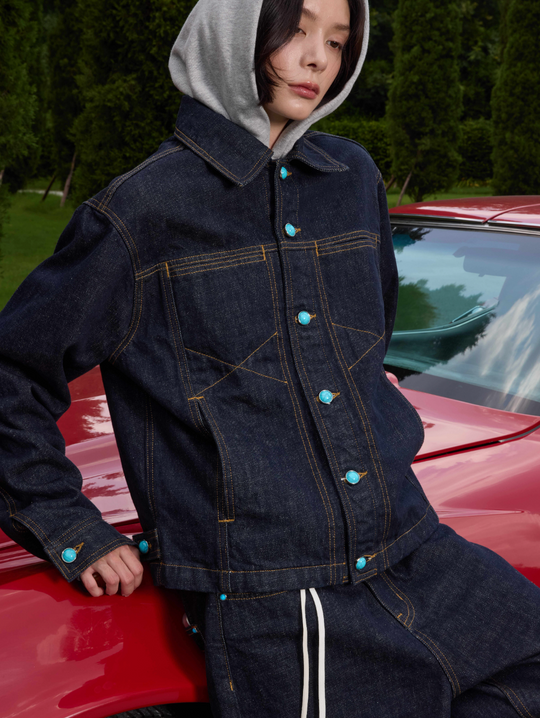 S45 Turquoise Button Denim Jacket | Face 3 Face